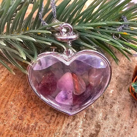 Nature Super Seven Crystal Ruby Chips Floating Heart Shape Pendant Necklace - Picture 10 of 10